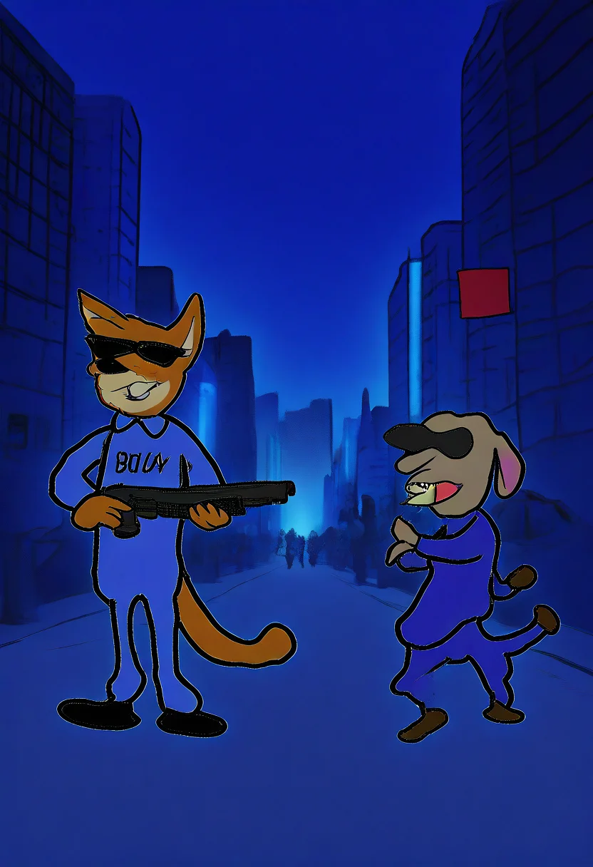 masterpiece, very aesthetic, sbhj, bad quality, worst quality, worst detail, 1boy, Nick Wilde (Zootopia), police uniform, holding shotgun, sunglasses, city, night