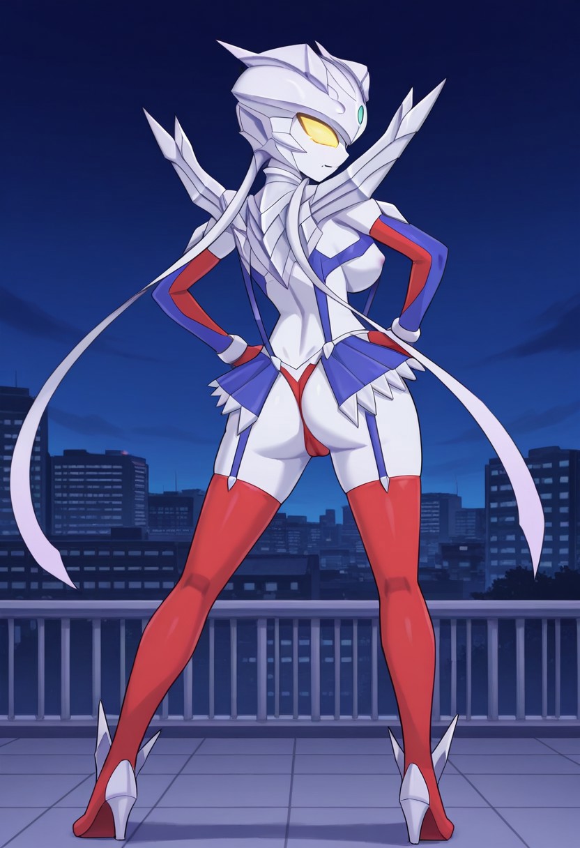 official art, detailed anime, ultra detailed anime art, anime screencap, screencap, score 9, score 8 up, score 7 up, masterpiece, anime coloring, source anime, 
BREAK
UltraGirlZero, 1girl, solo, perfect female body, large breasts, helmet, glowing eyes, yellow eyes, no pupils, yellow sclera, green jewel forehead, thighhighs, navel, genderswap \(mtf\), tokusatsu, alien, visible fang, colored skin, silver skin, metallic skin, red and blue elbow gloves, chest armor, revealing clothes, blue suspenders, underboob, ((covered nipples:0.9)), navel, toned belly, micro skirt, blue garter straps, red mini panties, cameltoe, blue and red thigh-high boots, high heels, weapon at right arm, very long metallic ribbons at shoulders,
BREAK
full body shot, standing, ((from behind, back view)), ((partial visible ass, thong, large ass, bubble butt)), apreading ass, visible anus, visible pussy, ((contrapposto)), ((hands on hips)), seductive pose, city, night, rooftop, detailed background,