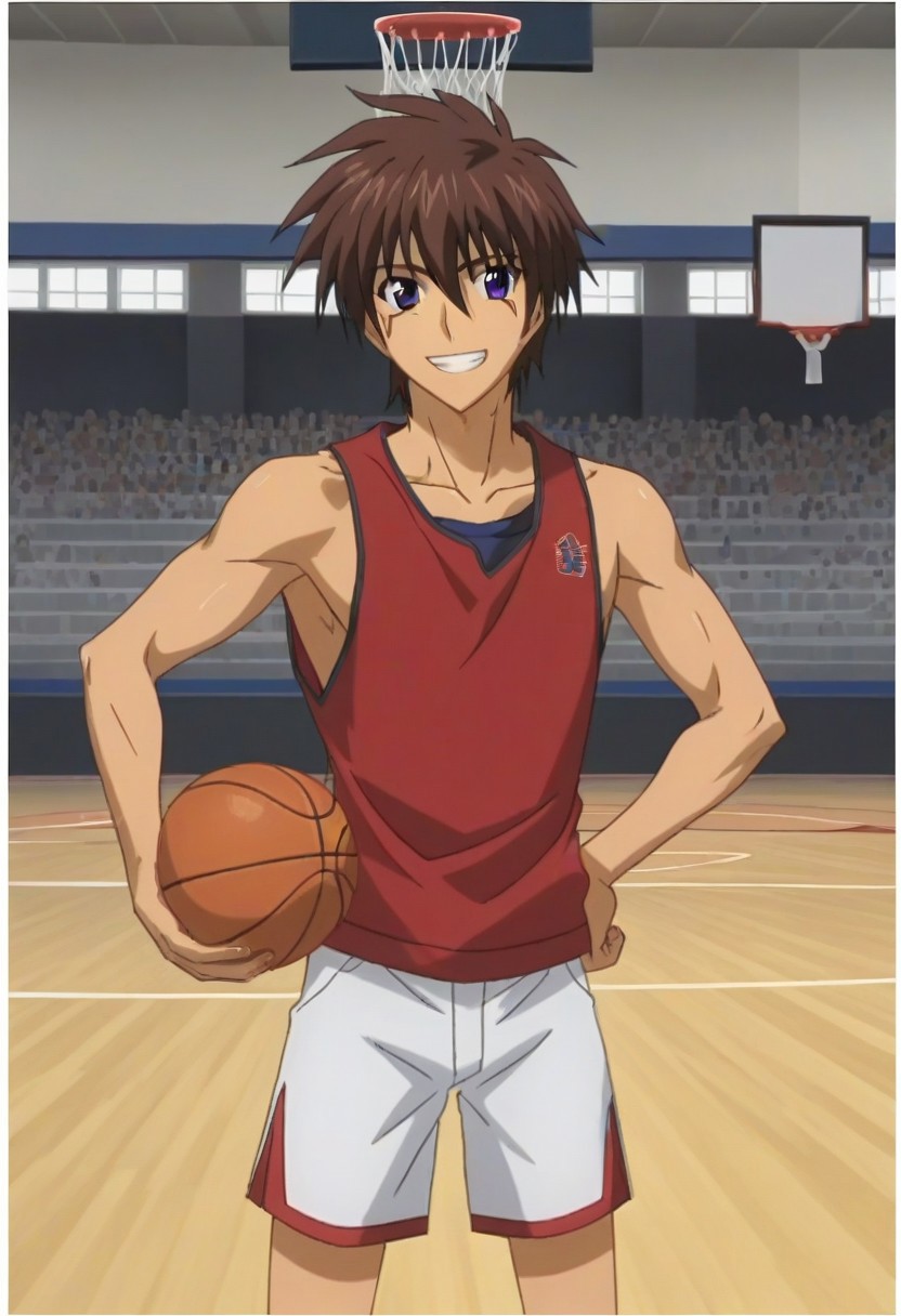 ((masterpiece)), ((best quality)), ((ultra-detailed)), score_9_up, score_8_up, score_7_up, HD, top quality, best quality, High-quality illustrations, anime screencap, perfect anatomy, 1boy, 1male, male anime character, anime boy, solo male, male focus, Akuto Sai, dark brown hair, blue-purple eyes, red markings under eyes, handsome, attractive, tall body, tall height, lean body, slim body, cowboy shot, wearing basketball outfit, sleeveless shirt, basketball shorts, happy, big smile, smile with teeth, holding a basketball, basketball court, easynegative, ng_deepnegative_v1_75t, neghands