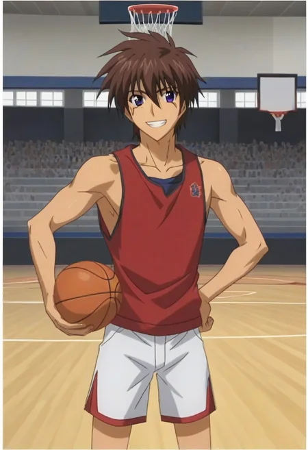 ((masterpiece)), ((best quality)), ((ultra-detailed)), score_9_up, score_8_up, score_7_up, HD, top quality, best quality, High-quality illustrations, anime screencap, perfect anatomy, 1boy, 1male, male anime character, anime boy, solo male, male focus, Akuto Sai, dark brown hair, blue-purple eyes, red markings under eyes, handsome, attractive, tall body, tall height, lean body, slim body, cowboy shot, wearing basketball outfit, sleeveless shirt, basketball shorts, happy, big smile, smile with teeth, holding a basketball, basketball court, easynegative, ng_deepnegative_v1_75t, neghands