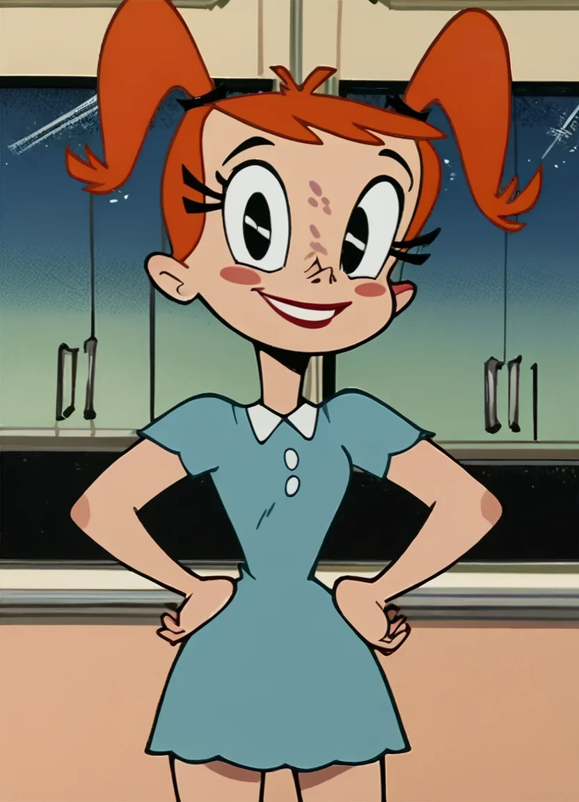 <lora:Jenny_XJ-9_Pony1.0:1.0>Jenny, 1girl, solo, blue dress, blush stickers, orange hair, smile, black eyes, hands on hips, window, twintails, looking at viewer, cowboy shot, indoors, score_9, score_8_up, score_7_up, score_6_up, score_5_up, score_4_up