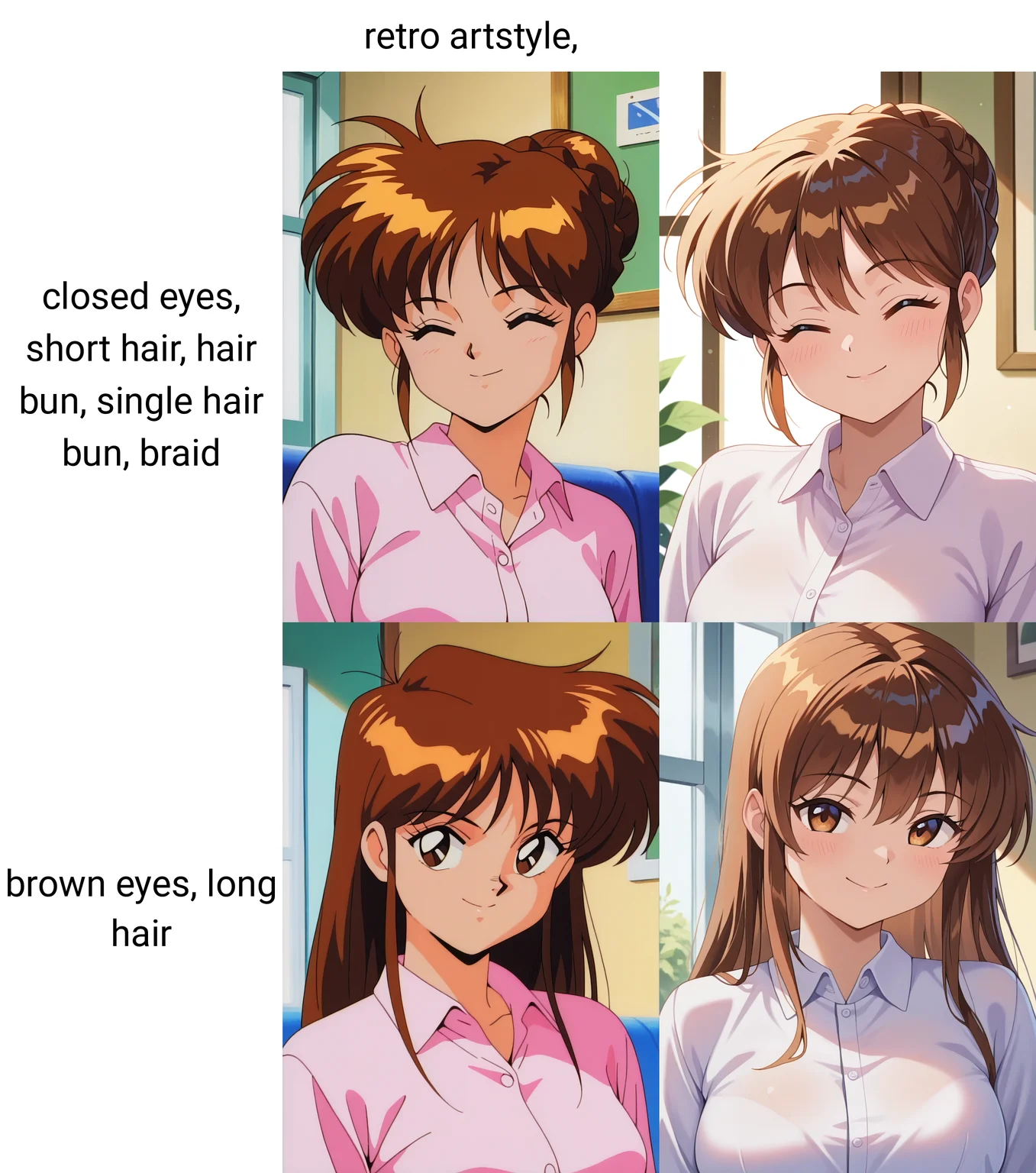masterpiece, best quality, amazing quality, absurdres, 1girl, solo, (portrait:1.2), retro artstyle, yayoiww, brown hair, closed eyes, short hair, hair bun, single hair bun, braid, medium breasts, collared shirt, looking at viewer, smile, indoors, day, skindentation, detailed clothing folds, depth of field, sharp, high contrast, dynamic light <lora:Yayoi_Nageki_no_Kenkou_Yuuryouji_ill_v11:0.9>