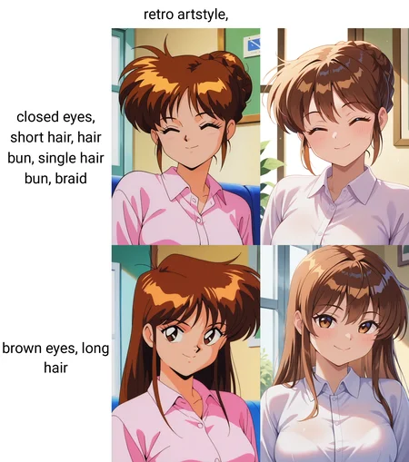 masterpiece, best quality, amazing quality, absurdres, 1girl, solo, (portrait:1.2), retro artstyle, yayoiww, brown hair, closed eyes, short hair, hair bun, single hair bun, braid, medium breasts, collared shirt, looking at viewer, smile, indoors, day, skindentation, detailed clothing folds, depth of field, sharp, high contrast, dynamic light <lora:Yayoi_Nageki_no_Kenkou_Yuuryouji_ill_v11:0.9>