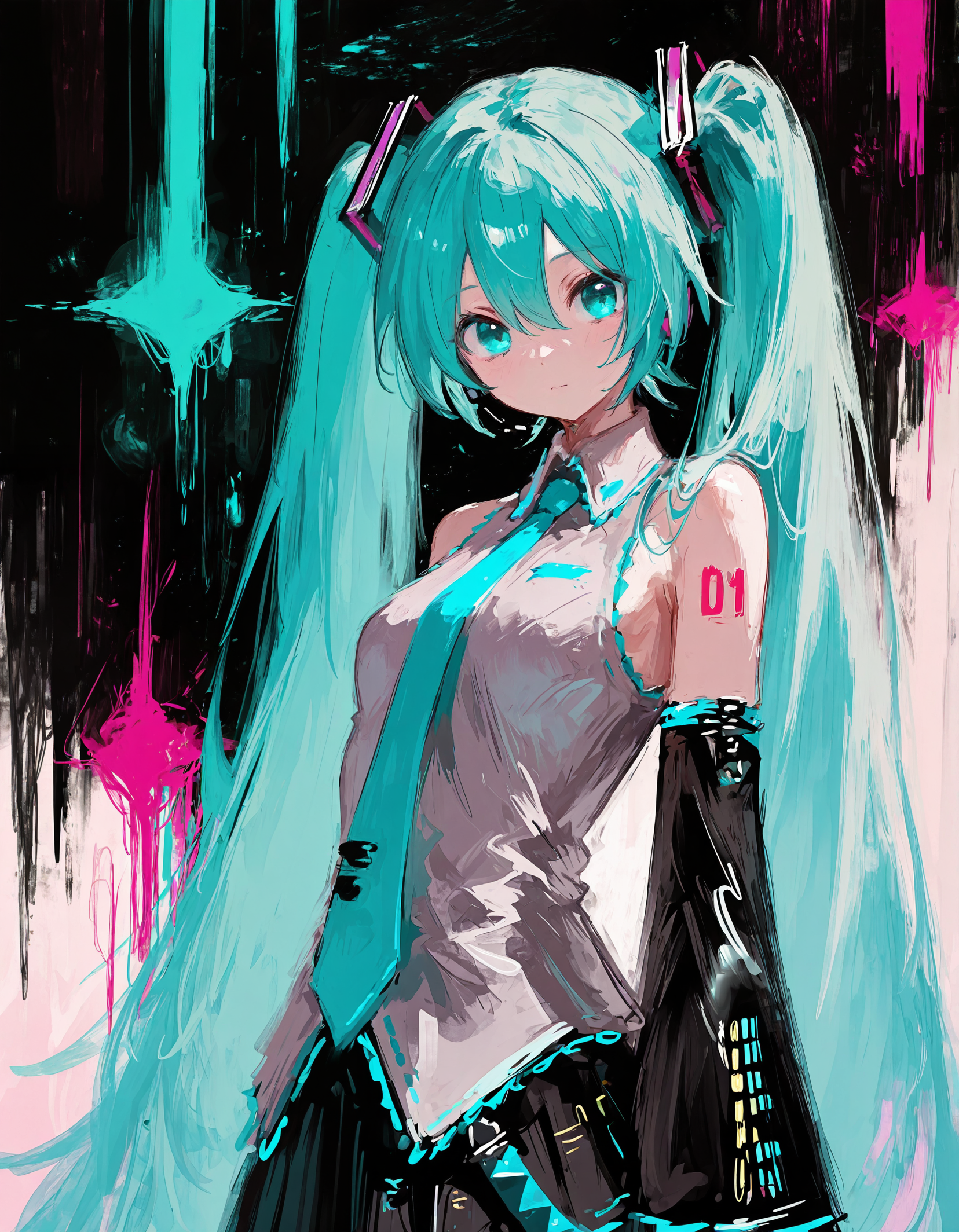 masterpiece,  best quality, newest, highres, absurdres,  <lora:fuyumur4s4ki_style:1>,fuyumur4s4ki_illu, 1girl, solo, twintails, necktie, long hair, detached sleeves, aqua hair, shirt, abstract, skirt, aqua eyes, colorful, aqua necktie, sleeveless, collared shirt, abstract background, hair between eyes, black skirt,hatsune miku,
