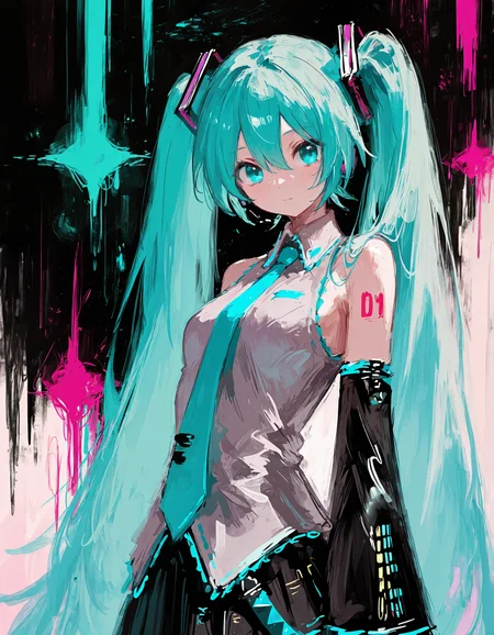 masterpiece,  best quality, newest, highres, absurdres,  <lora:fuyumur4s4ki_style:1>,fuyumur4s4ki_illu, 1girl, solo, twintails, necktie, long hair, detached sleeves, aqua hair, shirt, abstract, skirt, aqua eyes, colorful, aqua necktie, sleeveless, collared shirt, abstract background, hair between eyes, black skirt,hatsune miku,