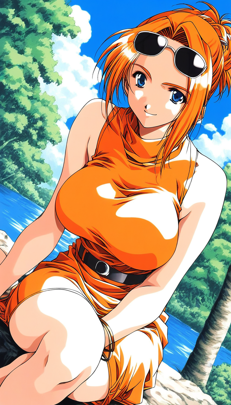 score_9, score_8_up, score_7_up, source_anime, rating_explicit, BREAK <lora:Kanou_Makoto_XL:1>Kanou_Makoto, blue eyes, orange hair, 1990s (style), large breasts,
day, outdoors, sleeveless, jewelry,  bracelet, smile, dutch angle, sunglasses, eyewear on head, tree, solo focus, sky, short hair, shirt, looking at viewer, brown hair, orange shirt, 
1990s (style), sitting, sleeveless shirt, turtleneck, 1girl, bare shoulders,