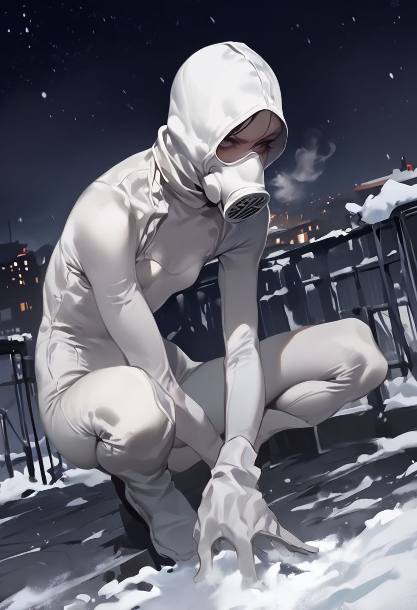score_9, score_8_up, score_7_up, score_6_up, 1girl, ((face jav white mask)), no breasts, (((white tight bodysuit))), ((rooftop)), ((night)), white boots, white tight  scuba, skinny leg, ((((((crouched)))))), (((gray day))),((((((serious eye)))))), ((white gloves)), ((details eyes)),
yyjytjr856856356sd73, ((young)), ((young body)), ((petite)), ((short)), ((skinny body)), ((flat chest)),  ((snow)) ,  ((((white gas mask suit)))), (((heavy breath))),  ((((small white gas mask))))