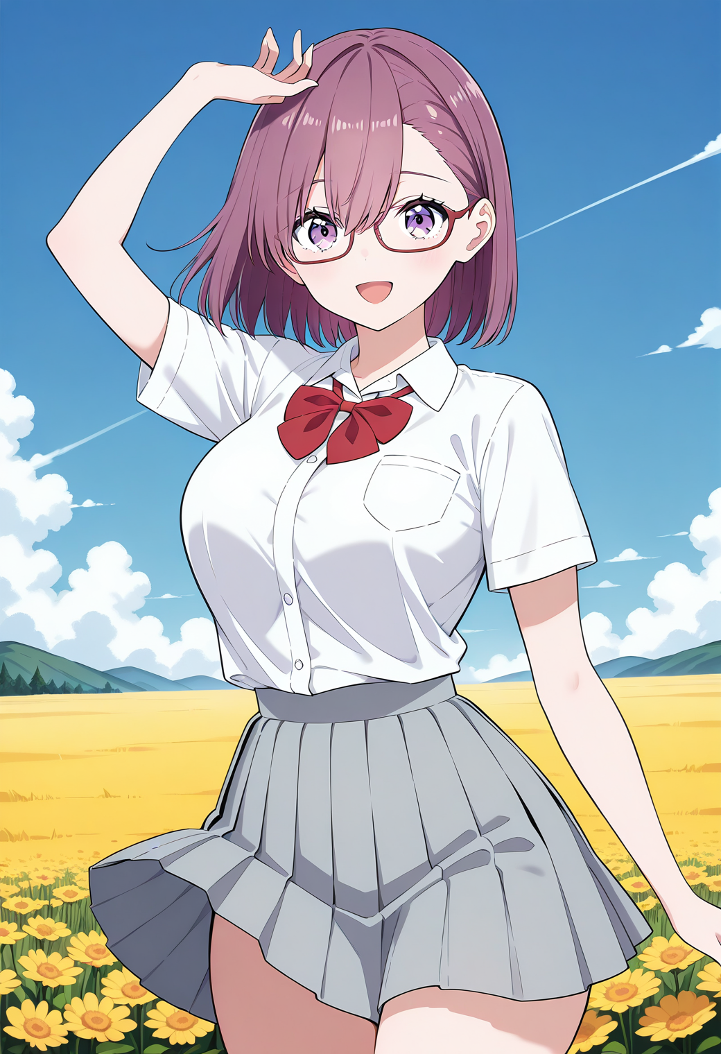 amano_ririsa, purple eyes, purple hair, short hair, bangs, school uniform, bowtie, short sleeves, white shirt, pleated skirt, gray skirt, <lora:nitengojigen_amano_ririsa_illustrious_ver1:0.8> 
smile, open mouth, 1girl, solo, (field:1.2), (blue sky:1.2), looking at viewer, glasses,, masterpiece, best quality, general,, (cowboy shot, dynamic pose:1.4),