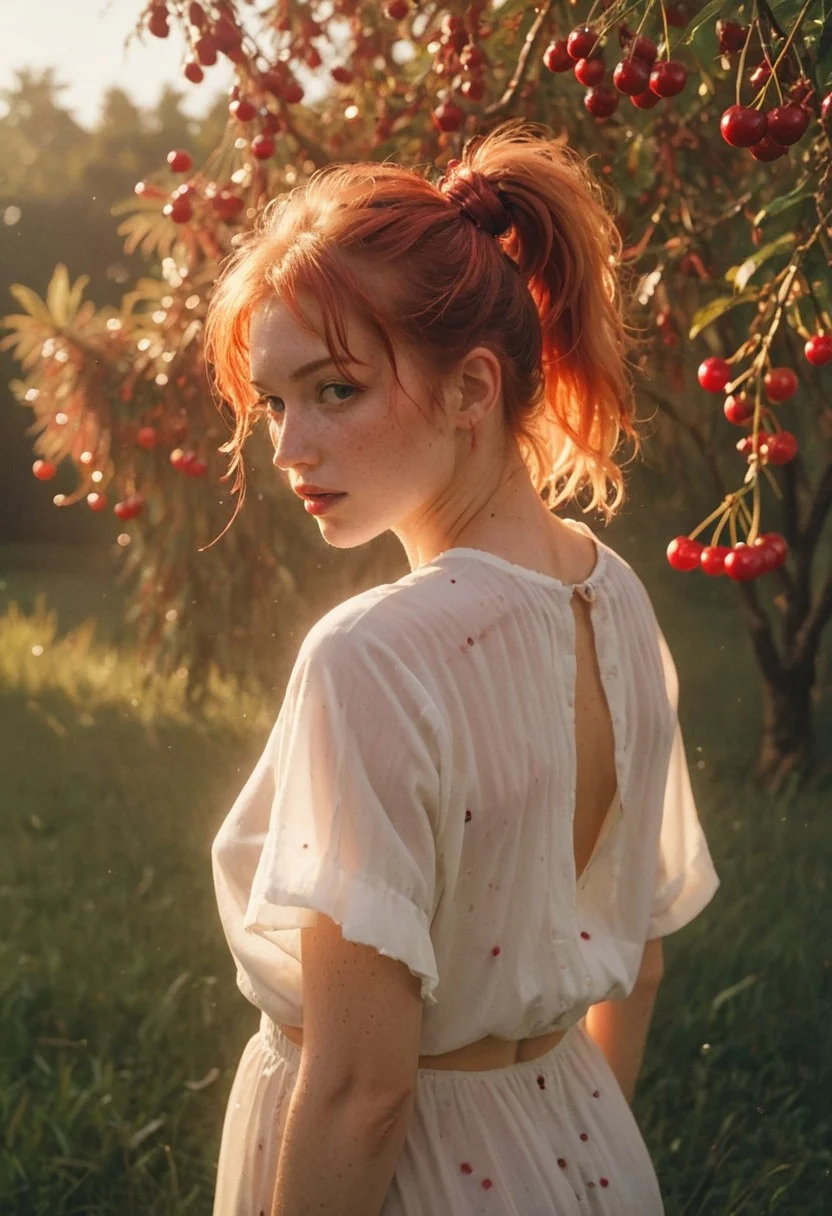 NSFW, highly detailed and hyper realistic photo, by nan goldin, Sophie Harris Taylor , a infrared photography of a Rear view, side view, soaked_tea_brand, amidst beautiful cherry trees with ripe cherries, standing on tip toes, Stretching to get a Cherry, a freckled natural busty blonde/Red haired freckled Woman with messy ponytail amidst the red ripe cherries in high Grass, infront of the atmospheric sunrise, see through long white boho inspired blouse with cherry stains, sexy body silhouette, , limited dark palette, vibrant colors, faded, atmospheric haze, highly dramatic cinematic lighting, motion blur, film grain, professional, excellent composition, finest details, maximized details, ultimate detail level, masterpiece, best quality, ISO 300, 1/250s, F/2,8, 38 mm, extremely high quality RAW photograph, 4k, sharp focus, high resolution, 8k UHD, DSLR, high quality, film grain, Fujifilm XT3