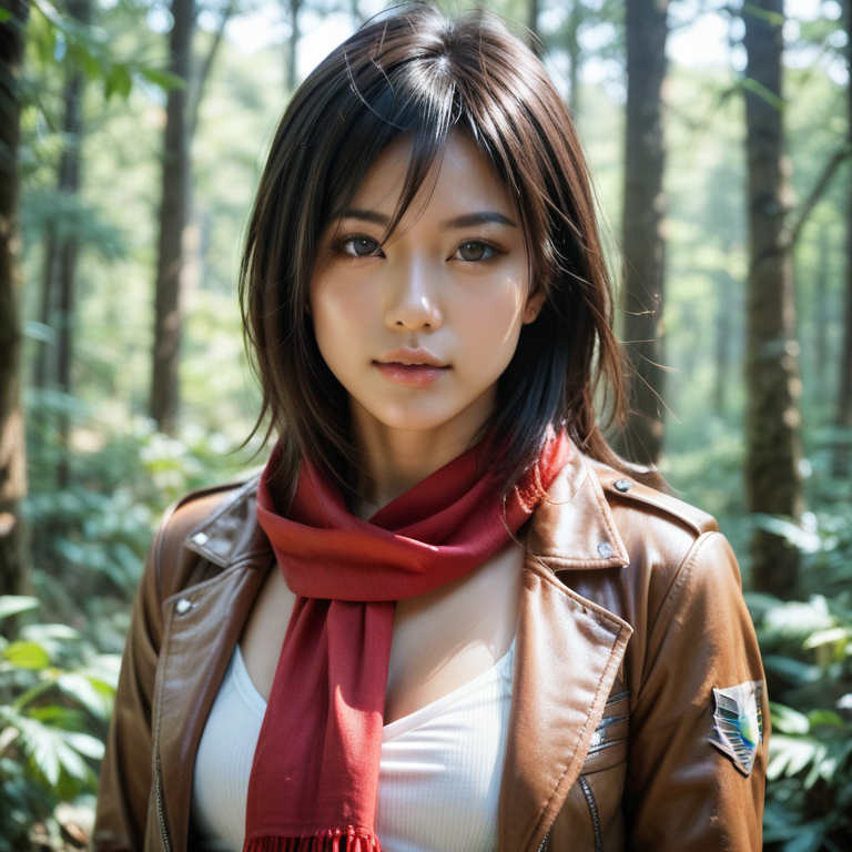 [realistic lighting],[photo],[photorealistic], [score_9, score_8_up, score_7_up, score_6_up, score_5_up, score_4_up], woman, young, 18 yo, with a scarf around their neck, mikasa ackerman, asian, japanese, ((forest)), with long hair and piercing eyes, red cloth, portrait, focus on face
