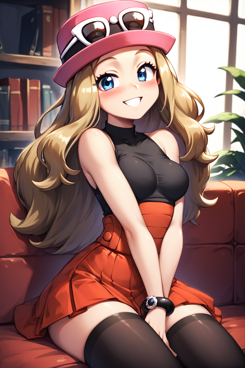 score_9, score_8_up, score_8, medium breasts, (curvy), cute, eyelashes,       BREAK, , BREAK, zzSerena, solo, long hair, blue eyes, eyewear on headwear, pink headwear, eyelashes, sleeveless shirt, black shirt, bracelet, high-waist skirt, red skirt, black thighhighs,<lora:SerenaPokemon_PDXL_r1:0.8>, ,,, hand between legs, blush, smug,  ,,,  smile, looking at viewer, blush, blurry, couch, sitting,   ,,, <lora:HaseYu_PDXL:0.8>, ,,,, BREAK,  smile, looking at viewer, cowboy shot,  embedding:zPDXL, Expressiveh, <lora:SDXLFaeTastic2400:0.5>,  <lora:Expressive_H-000001:0.4>,