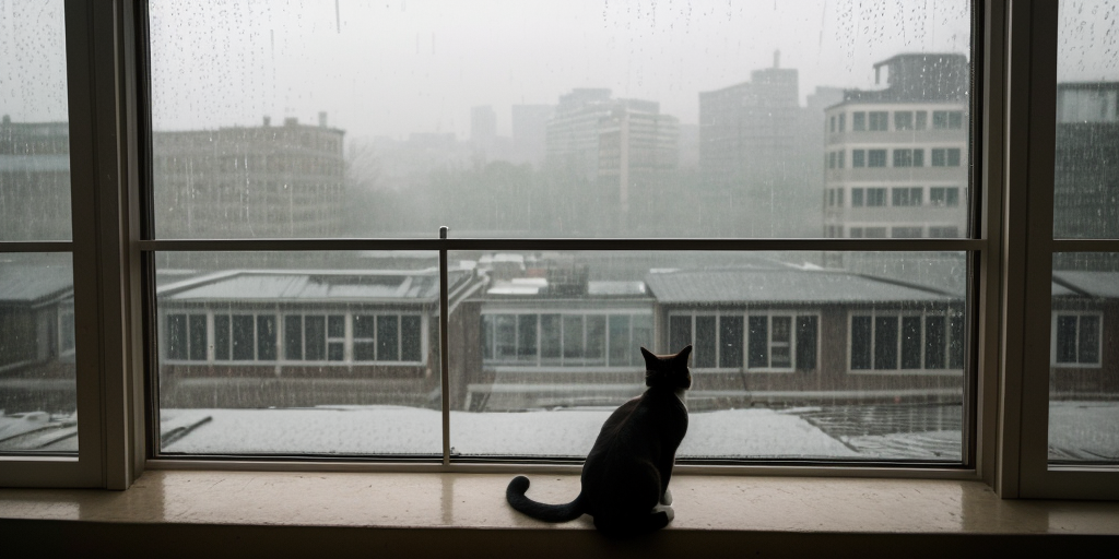 photo of a sad lonely cat at home, featuring a siamese cat perched on a windowsill, gazing wistfully out at the rainy landscape beyond. The important feature of the image is the cat's forlorn expression, framed by streaks of raindrops on the window pane. More details include the cat's sleek fur and the blurred outlines of city buildings in the background, adding to the sense of urban isolation. The pose of the cat is stoic yet contemplative, as if lost in thought. Shot framing is wide, capturing both the cat and the rainy cityscape to evoke a sense of longing and solitude. The setting/background is a dimly lit room with muted colors, contrasting with the vibrant hues of the outside world. Under soft, natural lighting with a hint of gray, the effect enhances the mood of melancholy and introspection. Shot from a high angle using a Canon EOS 5D Mark IV, the camera captures the cat's perspective as it gazes out into the rainy day. In the style of fine art photographer Gregory Crewdson, the image explores themes of loneliness and alienation in the modern urban environment
