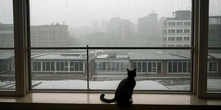 photo of a sad lonely cat at home, featuring a siamese cat perched on a windowsill, gazing wistfully out at the rainy landscape beyond. The important feature of the image is the cat's forlorn expression, framed by streaks of raindrops on the window pane. More details include the cat's sleek fur and the blurred outlines of city buildings in the background, adding to the sense of urban isolation. The pose of the cat is stoic yet contemplative, as if lost in thought. Shot framing is wide, capturing both the cat and the rainy cityscape to evoke a sense of longing and solitude. The setting/background is a dimly lit room with muted colors, contrasting with the vibrant hues of the outside world. Under soft, natural lighting with a hint of gray, the effect enhances the mood of melancholy and introspection. Shot from a high angle using a Canon EOS 5D Mark IV, the camera captures the cat's perspective as it gazes out into the rainy day. In the style of fine art photographer Gregory Crewdson, the image explores themes of loneliness and alienation in the modern urban environment