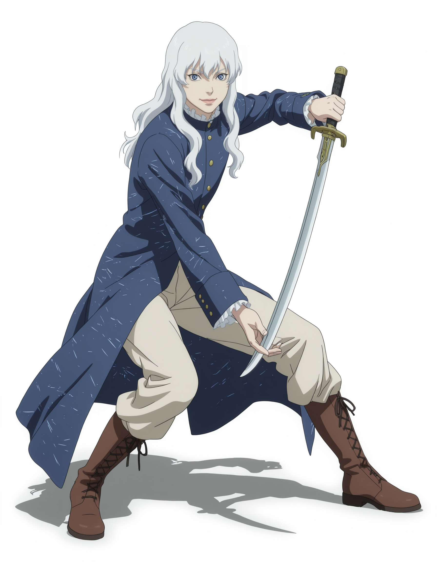 full body, solo, perfect composition, shadows, shading, <lora:anime_screencap-Illustrious:0.65> anime screencap, anime coloring, very aesthetic, absurdres, zPDXL, <lora:Pony_DetailV2.0:0.5> <lora:illustrious_quality_modifiers_masterpieces_v1:1>
<lora:gr1tt1h-000013:1> gr1tt1h, 1boy, blue eyes, long hair, white hair, ruffled_collar, male focus, looking at viewer, confident smile, defined lips, fighting pose, bent knees, sword thrust, battle stance, one-handed sword, 
dawn_suit, blue coat, navy pants, boots,
white background, simple background,