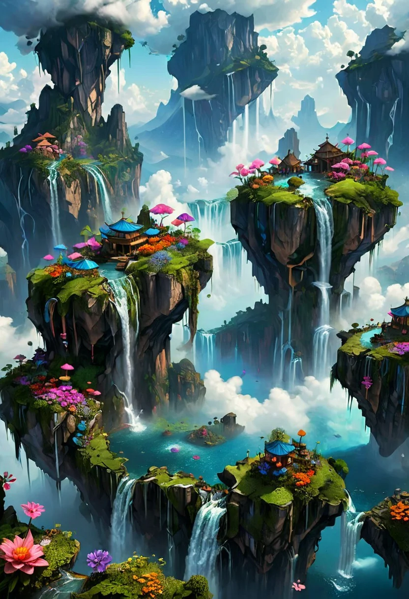 A surreal landscape with floating islands, waterfalls cascading from the clouds, and vibrant flora.