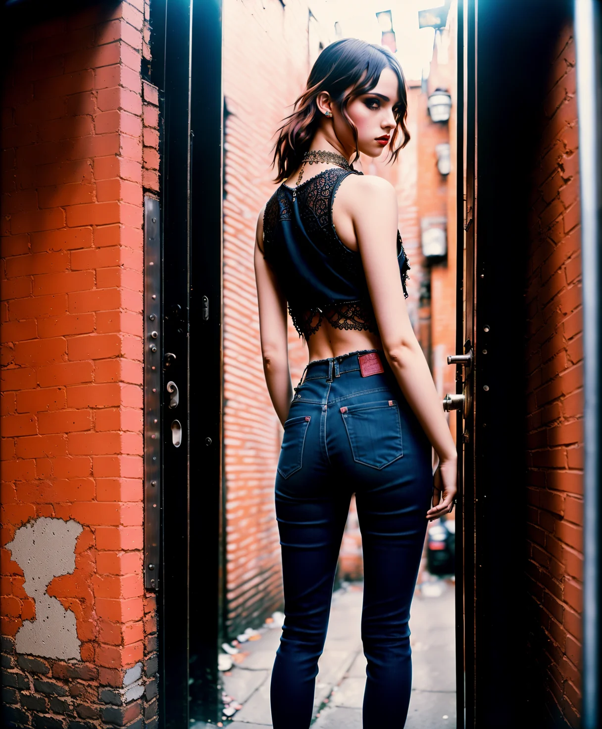 Dramatic ((erotic)) ((full body)) press photography, stylish 1980's punk anarchist <lora:S1m0ne:.7>, in a dark alley leaning against the back door of a nightclub, ((high resolution)), Detailed, Detailed pretty face, Sharp Focus, (Detailed and intricate), 4k, Leica 35mm F2.8, Fuji Superia Reala 100