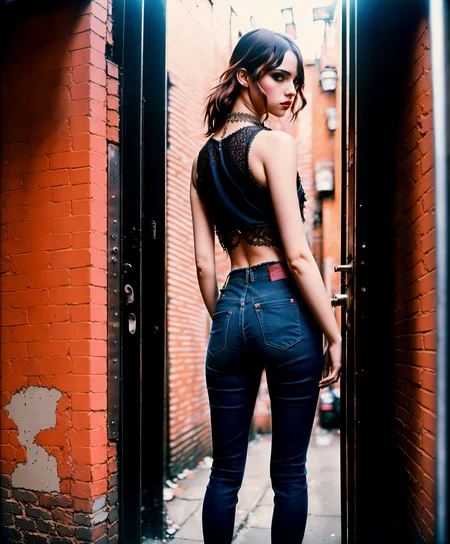Dramatic ((erotic)) ((full body)) press photography, stylish 1980's punk anarchist <lora:S1m0ne:.7>, in a dark alley leaning against the back door of a nightclub, ((high resolution)), Detailed, Detailed pretty face, Sharp Focus, (Detailed and intricate), 4k, Leica 35mm F2.8, Fuji Superia Reala 100