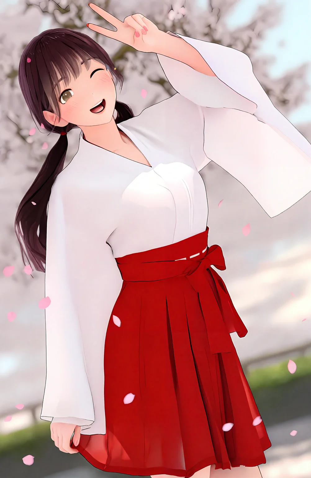 1girl, solo, long_hair, looking_at_viewer, blush, smile, open_mouth, skirt, brown_hair, twintails, brown_eyes, one_eye_closed, japanese_clothes, wide_sleeves, v, petals, cherry_blossoms, hakama, hakama_skirt, miko