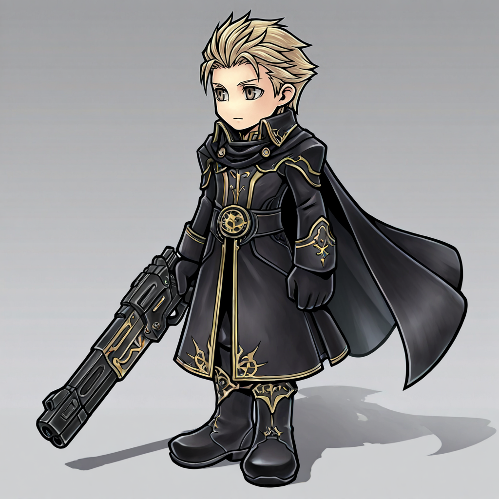 1boy, male focus, weapon, cape, , black footwear, gloves,  boots, holding, holding weapon, blonde hair, standing, black cape, gun, black gloves, , armor, closed mouth, coat, , , , , 
2d,  <lora:GAME_STYLE_Dissidia_Final_Fantasy_Opera_Omnia:0.9>  , graphite \(medium\), traditional media, colored pencil \(medium\),dissidiaopera, solo, no nose, full body, ,masterpiece, best quality, very awa,
