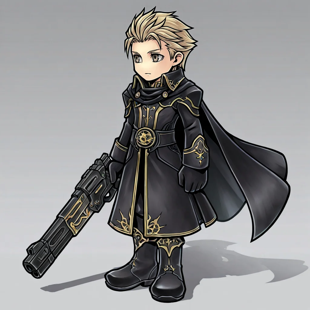 1boy, male focus, weapon, cape, , black footwear, gloves, boots, holding, holding weapon, blonde hair, standing, black cape, gun, black gloves, , armor, closed mouth, coat, , , , ,
2d, <lora:GAME_STYLE_Dissidia_Final_Fantasy_Opera_Omnia:0.9> , graphite \(medium\), traditional media, colored pencil \(medium\),dissidiaopera, solo, no nose, full body, ,masterpiece, best quality, very awa,