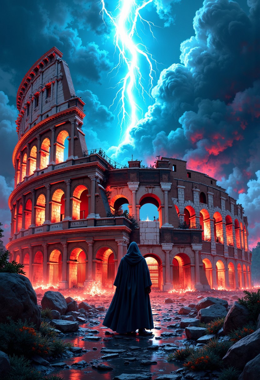 A grand, ancient Roman-style coliseum in the background, crumbling as neon blue and red smoke rises from its ruins. In the foreground, a cloaked figure stands alone, looking up at the collapsing symbol of human wisdom, as a divine light pierces through the dark clouds overhead, symbolizing the frustration of worldly intelligence.
