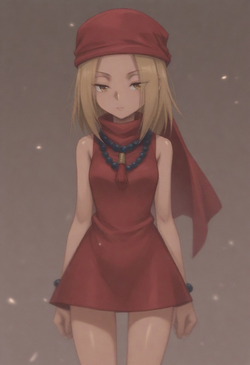 masterpiece, best quality, amazing quality,,, shiny skin,,,,,kojiann, short hair, blonde hair, brown eyes, short dress, sleeveless, bead necklace, red bandana, bracelet, <lora:Anna IXL 2-000013:1>