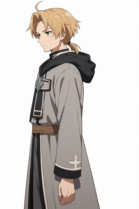 score_9, score_8_up, score_7_up, source_anime, 1boy, prefect lighting, very aesthetic, intricate details, highly detailed background, masterpiece, high quality, prefect hands, best quality, solo,
<lora:Rudeus_Greyrat_Mushoku_Tensei_V1:.95>, KJOrudy, parted bangs, blonde hair, green eyes, small ponytail, low ponytail, ahoge, mole under eye,
full body, from side,
grey robe, hood down, metal chest pin, long sleeves, brown boots,
white background, simple background,
