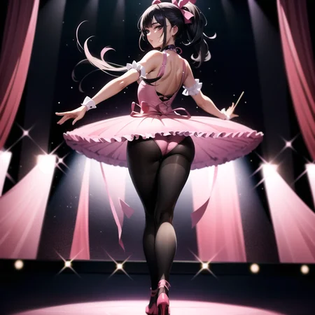 full body, dark-skinned female:1.3, mature female:1.3, long eyelashes, lips, looking back, looking at viewer, from behind, masterpiece, best quality, 1girl, solo, standing, pink tutu, stage:1.3, ribbon-trimmed tutu, pink pantyhose <lora:Tutu-000020:0.75>