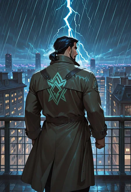 (masterpiece), best quality, 1boy, mbti_enfj, mature man, muscle man, green eyes, black-tied hair, facial hair, city rooftop, night cityscape, heroic stance, urban protector, vigilant gaze, windblown coat, dynamic shadows, glowing city lights, rainy street reflection, hopeful atmosphere, strong jawline, intense focus, lightning flash, steam from vents, distant sirens