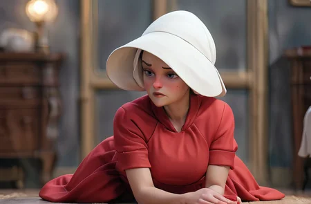 large breast, handmaid dressed in a (red cotton dress:1.1) and (white hat:1.1) gown laying on the floor, highly realistic, bulbous, tachisme, ultra hd, handmaid style, <lora:SamaritanEsdxl:1>, <lora:handmaidtale-000008:0.8>