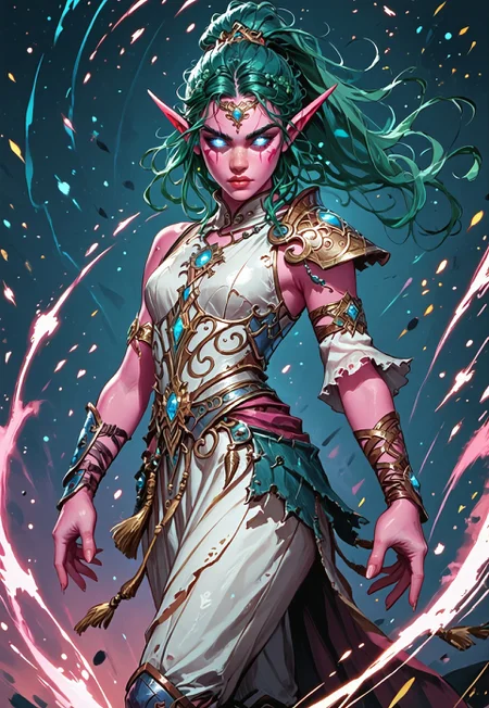((zPDXL3)), ((masterpiece,best quality, highly detailed)), ((score_9)), score_8_up, score_7_up, score_6_up, score_5_up, score_4_up, Digital painting style, brushstrokes, ((EnhanceImage)), solo, 1girl, TyrandeWoWXL, pink skin, colored skin, blue eyes, glowing eyes, green hair, long hair, hair ornament, ponytail, forehead ornament, long eyebrows, long pointy ears, (medium breasts), armor, jewelry, detached sleeves, single sleeve, single shoulder armor, white dress, single armlet, single guantlet, armored footwear, toeless footweear,
Expressiveh, 30yo, adult lustful confident woman, petite, slender body, perky saggy natural breasts, full lips, bangs, sidelocks, straps,
chinese magical sorceress, animated, swirling magic, wisps of magic, dancing pose, tight squeezed outfit, magical accessories, evoking motion, conveying motion, dynamic splash art,
<lora:PainterlyFantasiaPDXL:0.6>,
