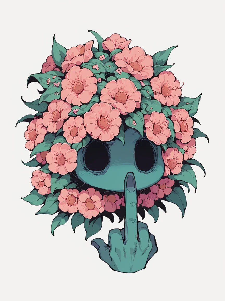 score_9, score_8_up, score_7_up, score_6_up, <lora:l0g0XLP:1> l0g0, no humans, white background, flower, middle finger,