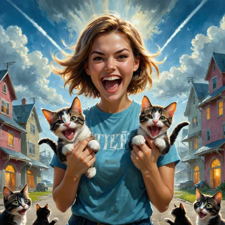 by Paul Lehr and Martine Johanna in the style of Jerry Uelsmann , cute happy woman holding up two cute kittens while laughing maniacally, dual wielding kittens <lora:happy:0.25><lora:maniacal_laughter:1.75><lora:dual_pistols:0.35> , digital painting <lora:digital_painting_envy02:0.60> <lora:more_art:0.30> <lora:midjourney:-0.15> <lora:RMSDXL_Enhance:0.50> <lora:RMSDXL_Creative:0.50> <lora:RMSDXL_Photo:0.50> <lora:RMSDXL_Darkness_Cinema:0.50> <lora:clothing_slider:2.00> <lora:great_lighting:1.50> <lora:aesthetic:1.50> <lora:photorealistic_portrait:1.50> <lora:extremely_detailed:1.50> <lora:dpo:0.25>