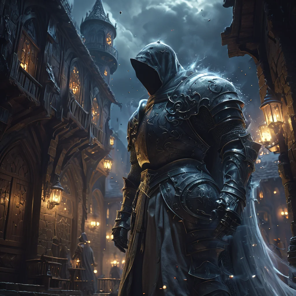 an cinematic shot of a soul knight, soul particals around the knight, fantasy tavern in background, night, HD, masterpiece, best quality, hyper detailed, ultra detailed, super realistic