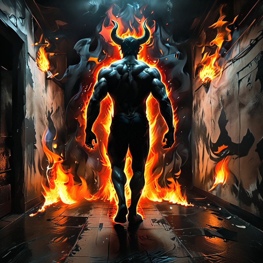 <lora:flame silhouette:1>,  <lora:flame:1>, flame,
fullbody, full body, back view, <lora:Super perspective and fight stance:0.8>, ((super low perspective)), low perspective, ((fisheye)), dark atmosphere, dark shadow, deep shadow, shadow,  Super perspective,fisheye, wide shot, foreshorten, lighting stance, (fire around), ((fiery footprints)),
Man with demon horns in black shorts walking away from the long dark office corridor, Adult, Mesomorph Muscular body, short Muscular neck, Rectangle faces, broad Muscular shoulders, Muscular fitness arms,  black short combed back hair,  Angular jawline,  Designer Stubble black whiskers, triangular black hair beard, Muscular fitness ass,  Athletic thighs, Muscular fitness legs,  big muscles,  dark black skin,
((burning walls)), ((fire on the walls)),
<lora:Camera Perspectives (507):1>,  from below, foreshortening, perspective,
graphic style of novel comics, perfect hands, 2d,
8k, hyperrealism, masterpiece, high resolution, best quality, ultra-detailed, super realistic, Hyperrealistic art, high-quality, ultra high res, highest detailed, lot of details, Extremely high-resolution details, incredibly lifelike, colourful, soft cinematic light,