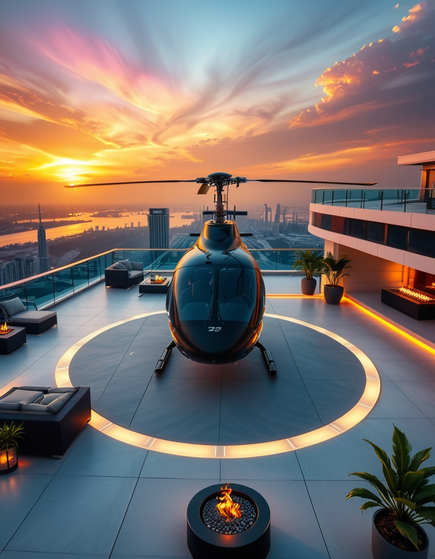 A high-resolution photo of a luxurious rooftop of a five-star hotel at sunset, featuring a sleek helipad with a high-end, matte-black private helicopter elegantly parked. The rooftop is designed with ultra-modern architecture, featuring a spacious terrace with infinity-edge glass railings, ambient lighting, and a panoramic city skyline in the background. The surface of the helipad is clean, polished concrete with clear illuminated markings. Surrounding the helipad, there are lounge areas with modern outdoor furniture, minimalist fire pits, and decorative planters with tropical greenery. The lighting is warm and golden, casting soft shadows and highlighting the contours of the helicopter and the textures of the rooftop. The sky is dramatic, painted with hues of orange, pink, and violet, creating a cinematic atmosphere of luxury and exclusivity. The overall mood is elite, calm, and aspirational, showcasing the ultimate in urban luxury lifestyle.
<lora:SDXLFaeTastic2400:0.4> <lora:extremely_detailed:0.4> extremely detailed, <lora:helipad_r00ft0p:1>,helipad r00ft0p, Masterpiece,best quality,hi res,8k,hi res,8k,award winning,(sharp focus, intricate, highly detailed),