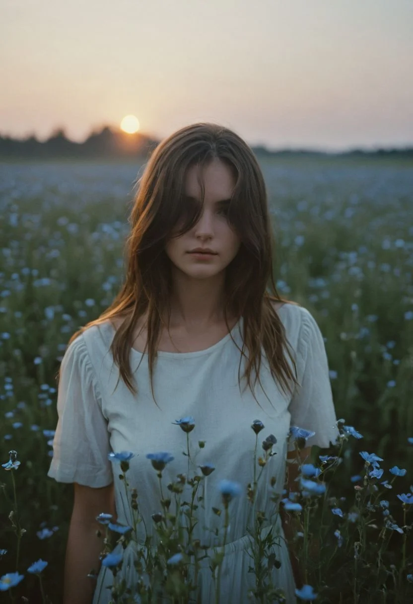 amazing quality, masterpiece, best quality, awesome, inspiring, a woman with hair over both eyes, clad in a white garment, sunset blue flower meadow, cinematic composition, soft shadows, national geographic style,
atmospheric haze, Film grain, cinematic film still, shallow depth of field, highly detailed, high budget, cinemascope, moody, epic, OverallDetail, 2000s vintage RAW photo, photorealistic, candid camera, color graded cinematic, eye catchlights, atmospheric lighting, imperfections, natural, shallow dof
