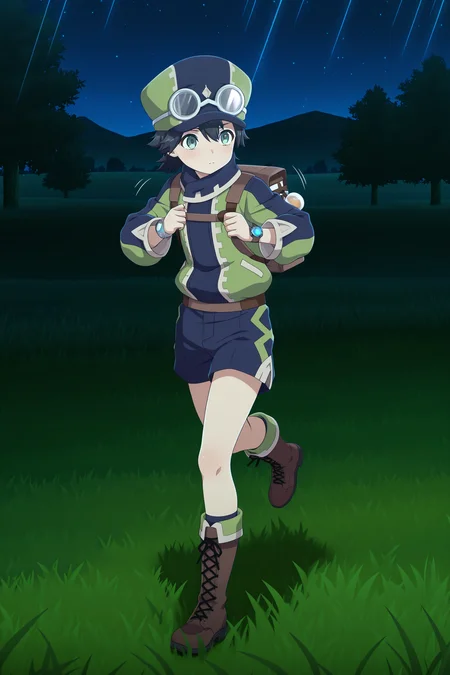 anime screencap, anime coloring, detailed face, masterpiece, best quality, very aesthetic, absurdres, volumetric lighting, official style, amazing quality, ultra detailed, highres, amazing quality, scenery, beautiful detailed hair, beautiful detailed eyes,
outside, grass, at night, night
<lora:Jean_Fire_Emblem_Engage:.8>
1boy, solo, male focus, bag, shorts, night, cross-laced footwear, hat, boots, goggles, standing, backpack, black hair, lace-up boots, full body,
running, motion lines, motion blur