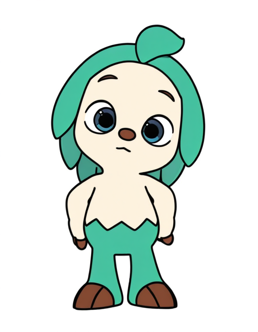 solo, hogipfws, furry, green hair, blue eyes, full body, white background, simple background, looking at viewer, hanghang0902style, flat color, <lora:hogi_pfws_IL01-1:1>