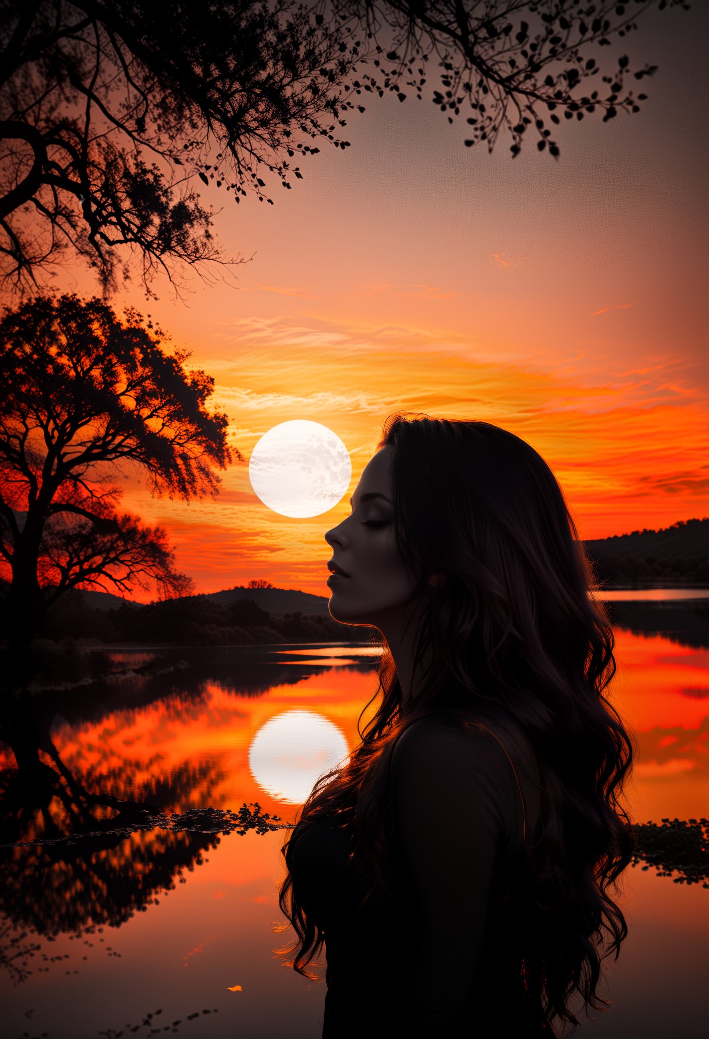 a pitch black setting with a silhoutte of a beautiful long haired woman lit up by a orange hue, magical, silhouette, orange theme, orange skies, tree silhouette, eyes closed, ephemeral, reflection, romantic, sunset  <lora:sdxl\add-detail-xl> <lora:sdxl\xl_more_art-full_v1>
