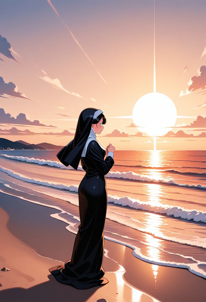 masterpiece, best quality, amazing quality,general, nun, beach, sunlight, limited palette,