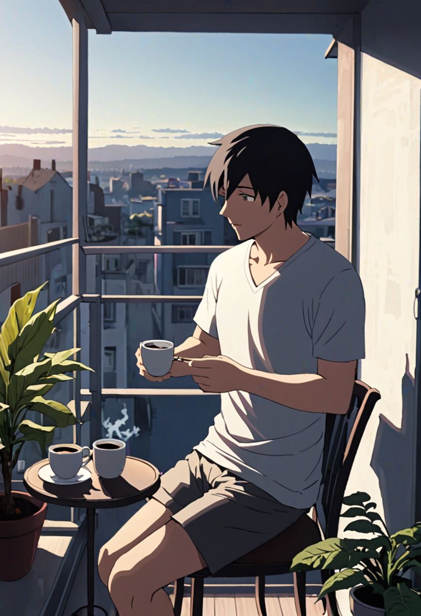 Highres, Masterpiece, High Quality, 4K, 8K, solo, 1Boy, Takaki Toono, adult, black hair, short hair, home balcony, city view, small table, balcony chair, houseplants, fresh air, morning, breeze, soft sunlight, calm, peaceful, holding a cigarette, cup of coffee, v-neck t-shirt, shorts, relaxing, enjoying moment, ashtray, coffee cup, easynegative, detailed_eye_model