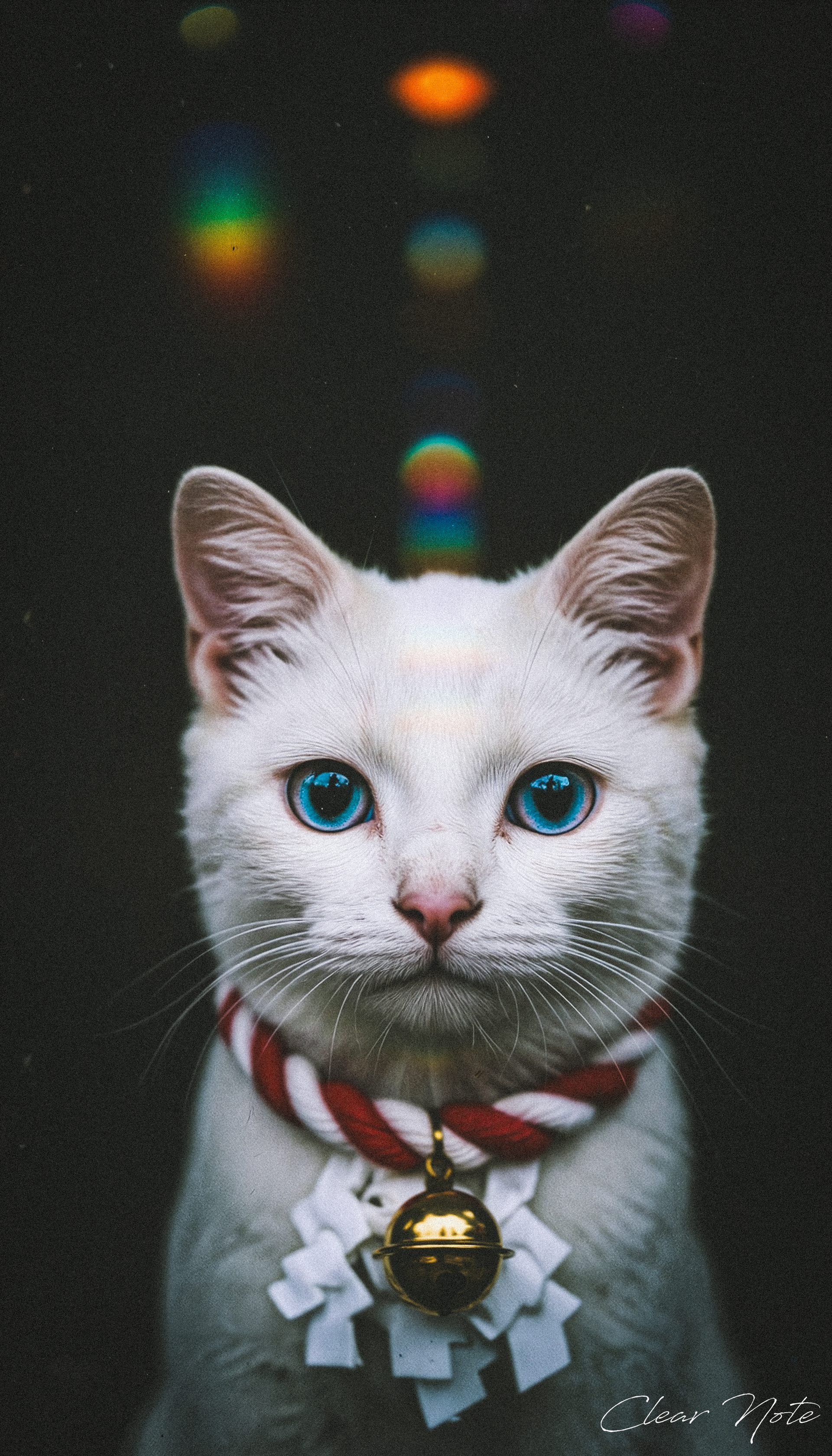 Japanese Culture Style, Emotional Photos, 35mm film, A serene white Japanese cat, wearing a red-and-white shimenawa and bell, embodying calm and auspicious New Year blessings.