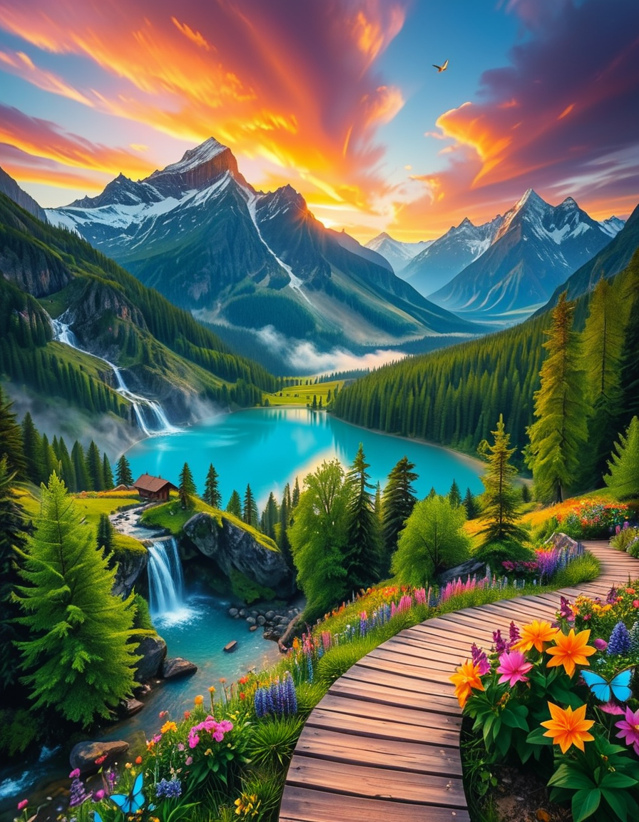 A breathtaking, high-resolution photograph of the most beautiful place on Earth, where natureâs wonders blend in perfect harmony. Towering, snow-capped mountains rise majestically in the background, their peaks glowing under the golden hues of a setting sun. Below, a crystal-clear turquoise lake reflects the colors of the sky, surrounded by lush, green forests filled with ancient trees, vibrant wildflowers, and cascading waterfalls. A soft mist rises from the valley, adding a dreamlike quality to the scene. In the distance, rolling meadows stretch toward the horizon, dotted with colorful flowers and serene wildlifeâgraceful deer grazing, birds soaring in the sky, and butterflies dancing in the breeze. A wooden footpath winds through the landscape, leading to a secluded, tranquil spot where the beauty of nature can be fully admired. The air is crisp and filled with the soothing sounds of rustling leaves, flowing water, and distant birdsong. The sky above is a masterpiece of colorsâdeep oranges, purples, and pinks blending seamlessly as the sun sets, casting a magical glow over this untouched paradise. The atmosphere is peaceful, awe-inspiring, and filled with a deep sense of wonder and tranquility, as if stepping into a perfect dream.
<lora:SDXLFaeTastic2400:0.4> <lora:extremely_detailed:0.4> extremely detailed, <lora:Earth_P4r4d1s3:1>,Earth P4r4d1s3, Masterpiece,best quality,hi res,8k,hi res,8k,award winning,(sharp focus, intricate, highly detailed),