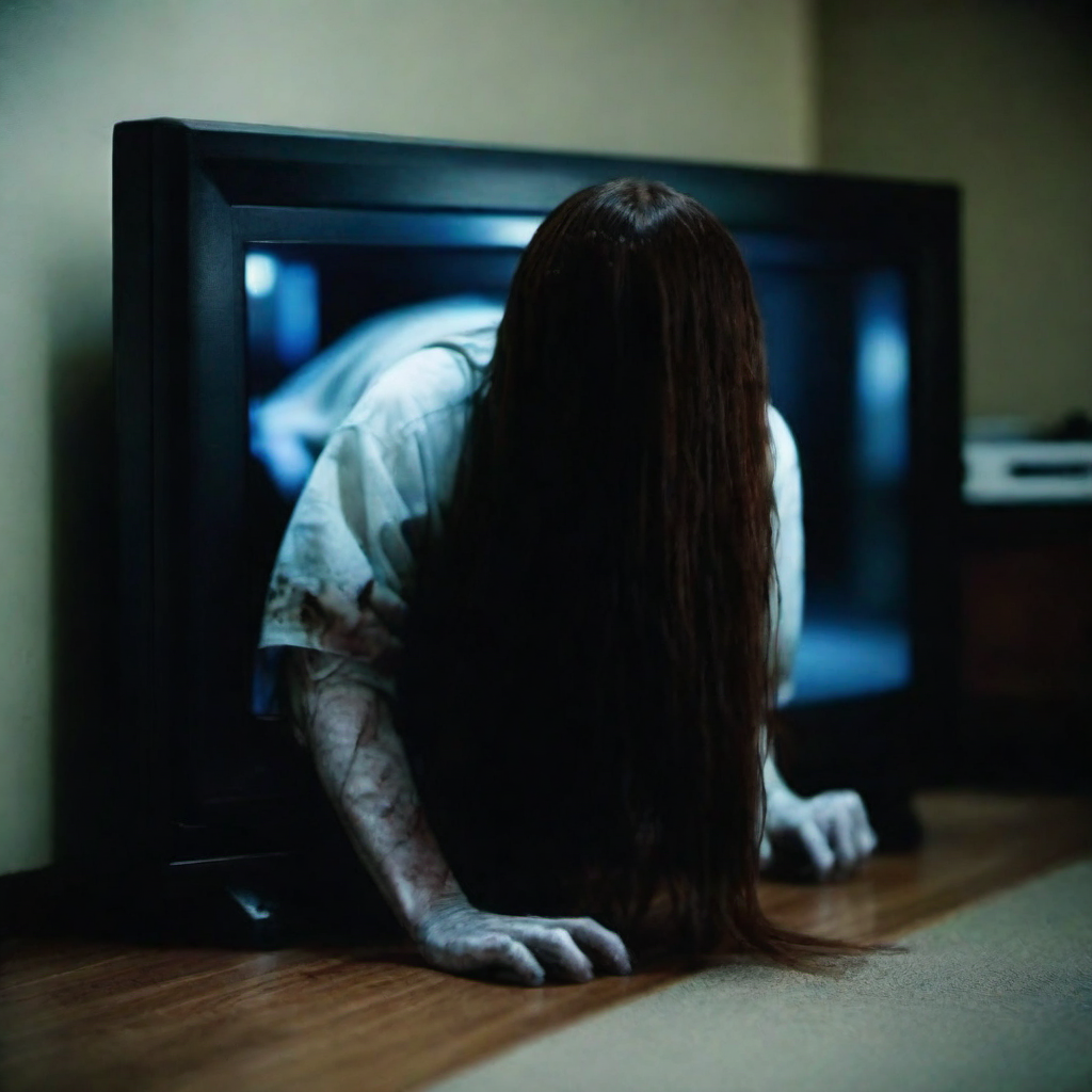 cinematic photo  a creepy woman, face hidden by hair, crawling out of a lcd tv, stylish appartment <lora:lcm_lora_sdxl:1> <lora:TheRing1024:0.85> . 35mm photograph, film, bokeh, professional, 4k, highly detailed