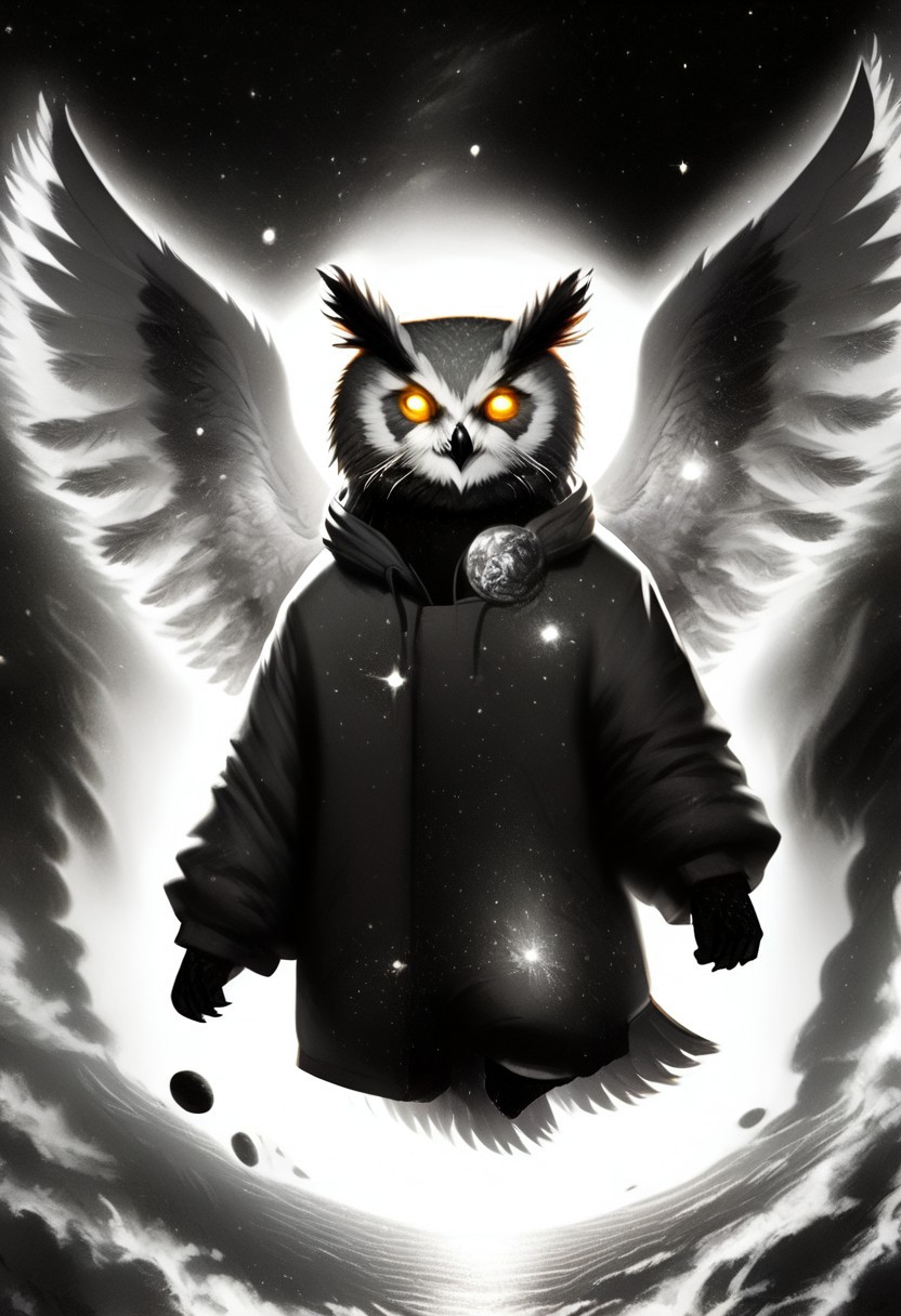Score_9, Score_8_up, Score_7_up, lora:Navi_Celestial_Skin_PonyXL:1.1 nv-celestialskin, redpandafolk, rabbitfolk, owlfolk, foxfolk, sketch, monochrome, greyscale, YR_GradLight, 0u73r5p4c3, space, planet, nebula, galaxy, asteroid, GalaxyTelepurteSDXL, StarrySkies, scenery, stars (sky), background, night sky, vibrant colored skin, void cosmic body, deep black skin, ethereal silhouette, nebula patterns, animal theme focus, majestic owl