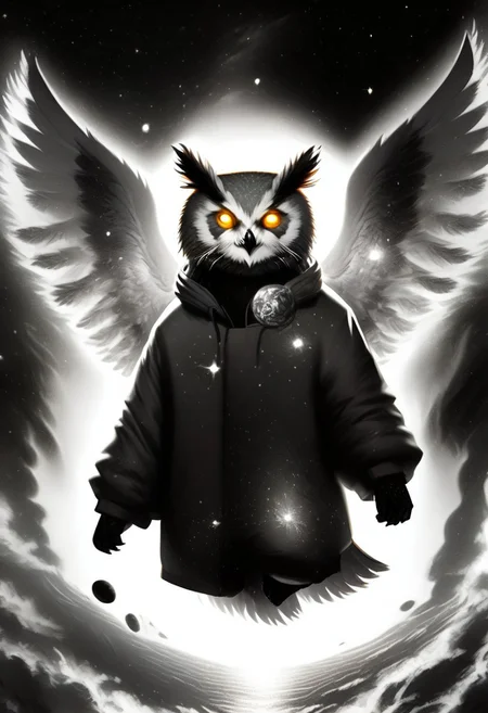 Score_9, Score_8_up, Score_7_up, lora:Navi_Celestial_Skin_PonyXL:1.1 nv-celestialskin, redpandafolk, rabbitfolk, owlfolk, foxfolk, sketch, monochrome, greyscale, YR_GradLight, 0u73r5p4c3, space, planet, nebula, galaxy, asteroid, GalaxyTelepurteSDXL, StarrySkies, scenery, stars (sky), background, night sky, vibrant colored skin, void cosmic body, deep black skin, ethereal silhouette, nebula patterns, animal theme focus, majestic owl