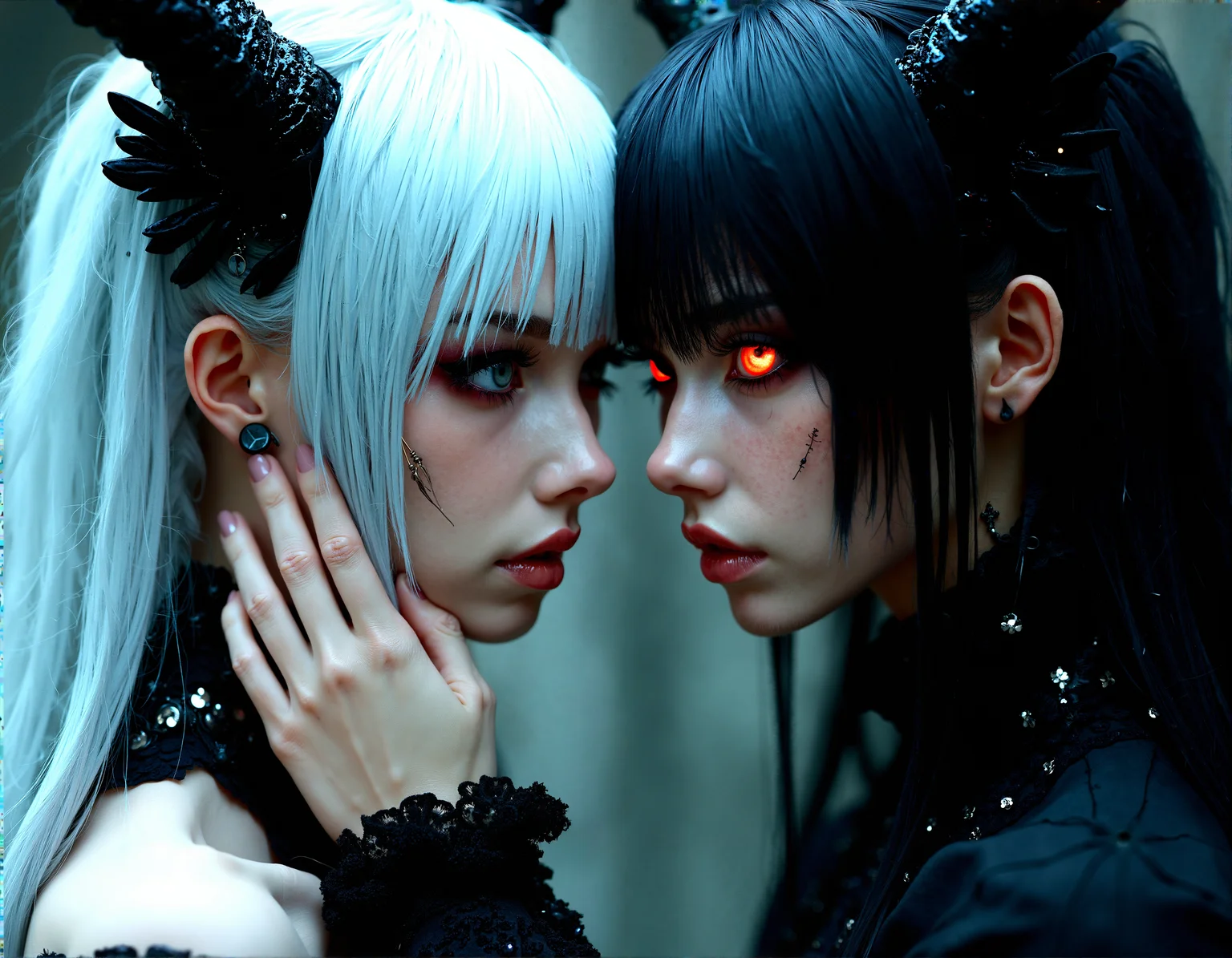 The white-haired figure places her hand gently on the cheek of the black-haired figure, who closes her eyes and leans into the touch, their expressions tender and affectionate.
"Photorealistic depiction of twin sisters with opposing color schemes, one with pale blue hair and icy blue eyes, the other with raven-black hair and fiery red eyes, both wearing elegant, dark gothic clothing and intricately detailed antlers.
cinematic lighting, extremely intricate detail character, accurate depiction of character, correct body anatomy, correct hands and fingers, extremely intricate skin and facial skin texture detail, lifelike potrayal, extremely realistic lighting, extreme dynamic pose. Extremely sharp detail without blurring.