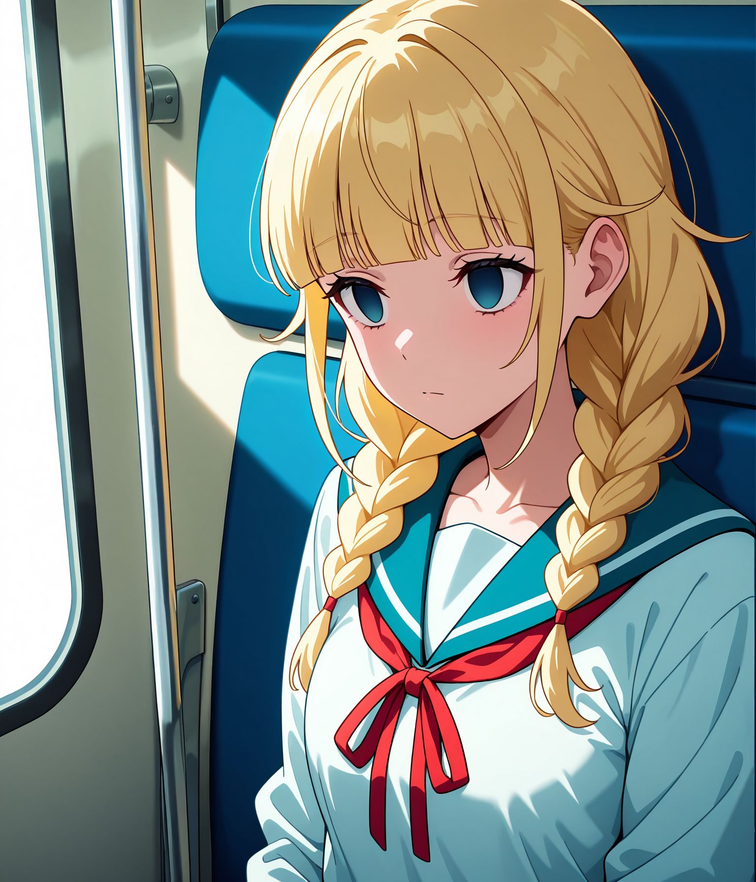 masterpiece,best quality,amazing quality,very aesthetic,absurdres,newest, huge filesize, 
<lora:spo_sdxl_10ep_4k-data_lora_webui:0.5>,anime screenshot, 2d anime,anime coloring, 
<lora:add-detail-xl:1>  
<lora:Paripi_Koumei_V1:0.8> 
train interior,  full body, 
Paripi_KoumeiV1,
1girl, 
blonde hair,school uniform,
braid,twin braids,bangs,
long hair,upper body,
serafuku,red ribbon,
closed mouth,empty eyes,
ribbon,sailor collar,
blunt bangs,expressionless,
neck ribbon,
p_eiko_serahuku,