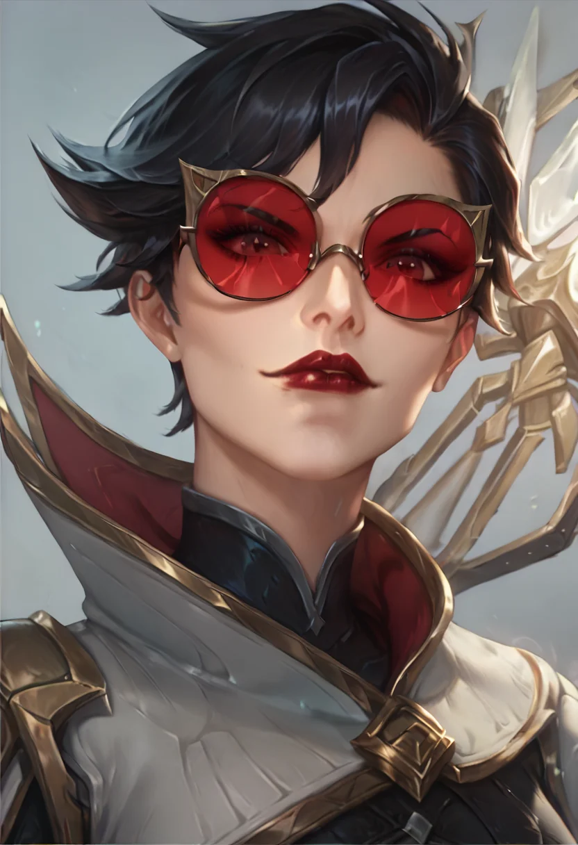 score_9, score_8_up, beautiful face, masterpiece, high detail, (1 girl:2), (detailed face:1.8), (face focus:1.5), red lipstick, (zoom in:1.4), (light skinned female:1.6), (pale female:1.2), SentinelVayne, black hair, short hair, smirk, simple background, circle_tinted_glasses, circle framed glasses, red sunglasses, upper body <lora:Sentinel_Vayne_PonyXL:0.8>